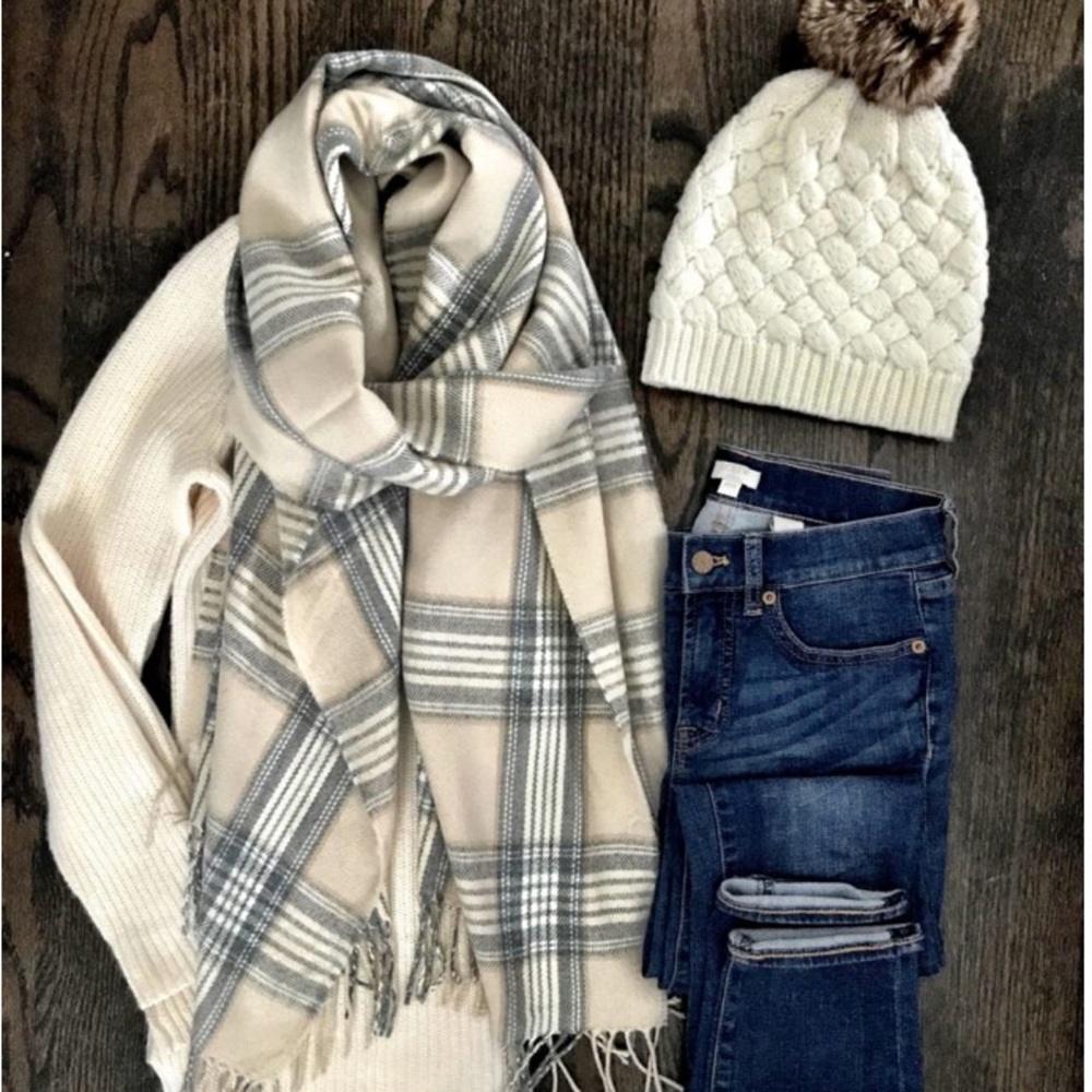 J. Crew Plaid Scarf with Pom-Pom Detail NWOT